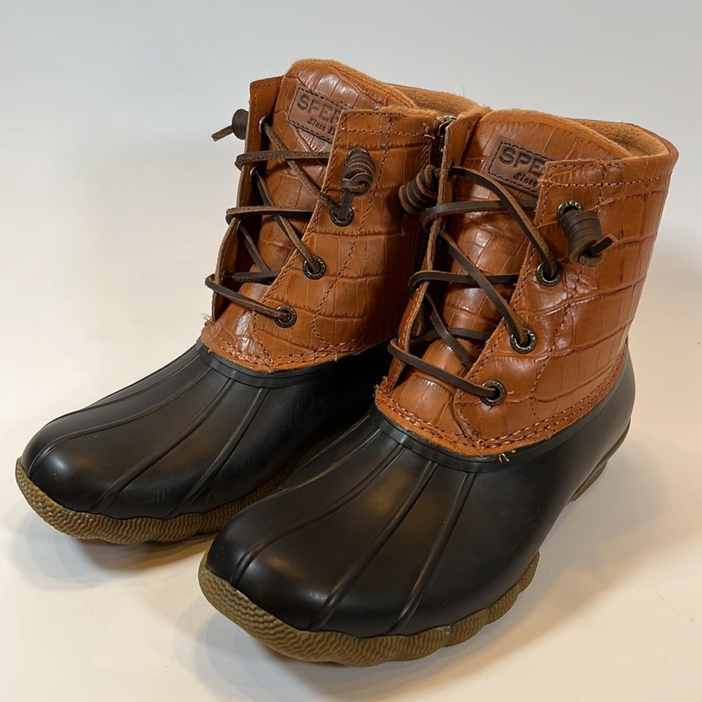 Sperry Saltwater Croc Crocodile Leather Brown & Tan Duck Boots Womens 5.5 NEW